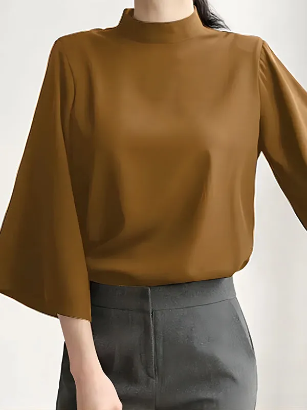 Flared Sleeves Loose Pleated Solid Color Split-Joint Stand Collar Blouses&Shirts Tops