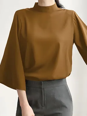Flared Sleeves Loose Pleated Solid Color Split-Joint Stand Collar Blouses&Shirts Tops