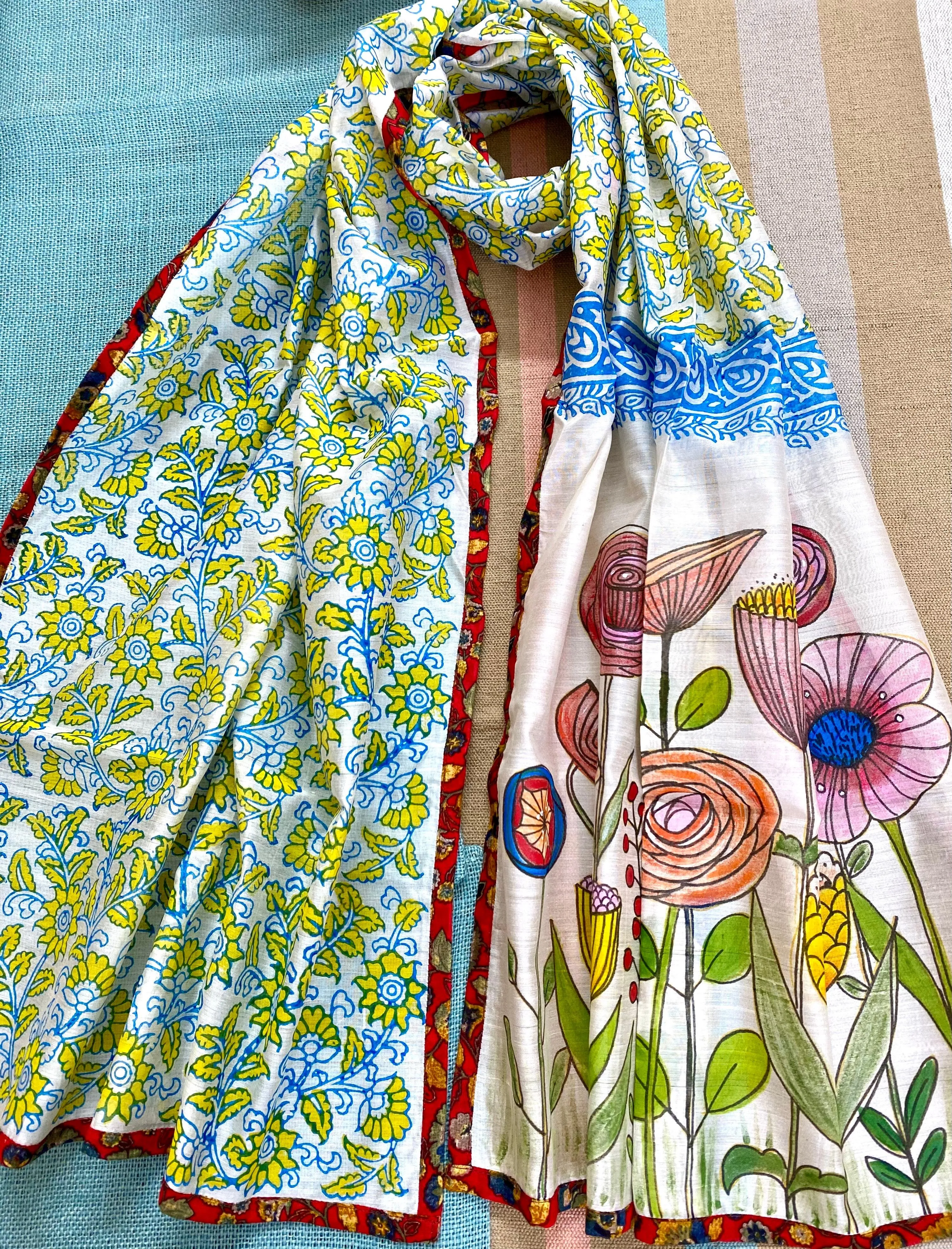 Floral Garden Hand Painted on Silk Cotton Scarf