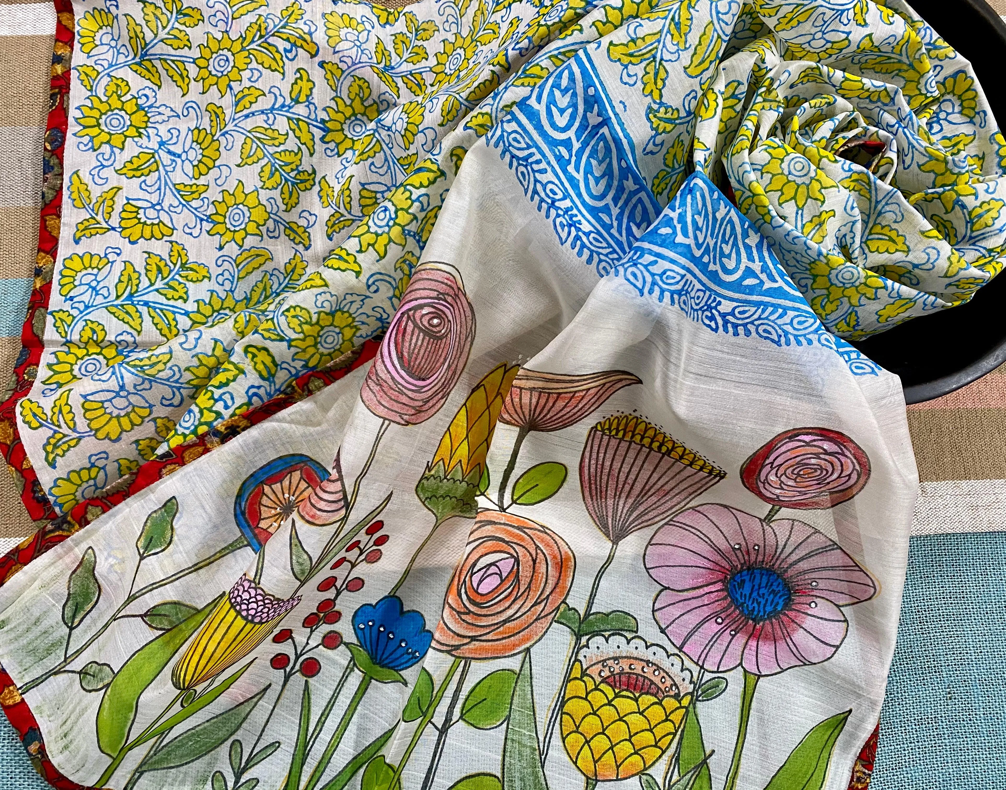 Floral Garden Hand Painted on Silk Cotton Scarf