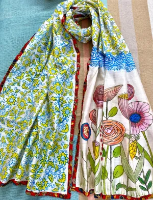 Floral Garden Hand Painted on Silk Cotton Scarf
