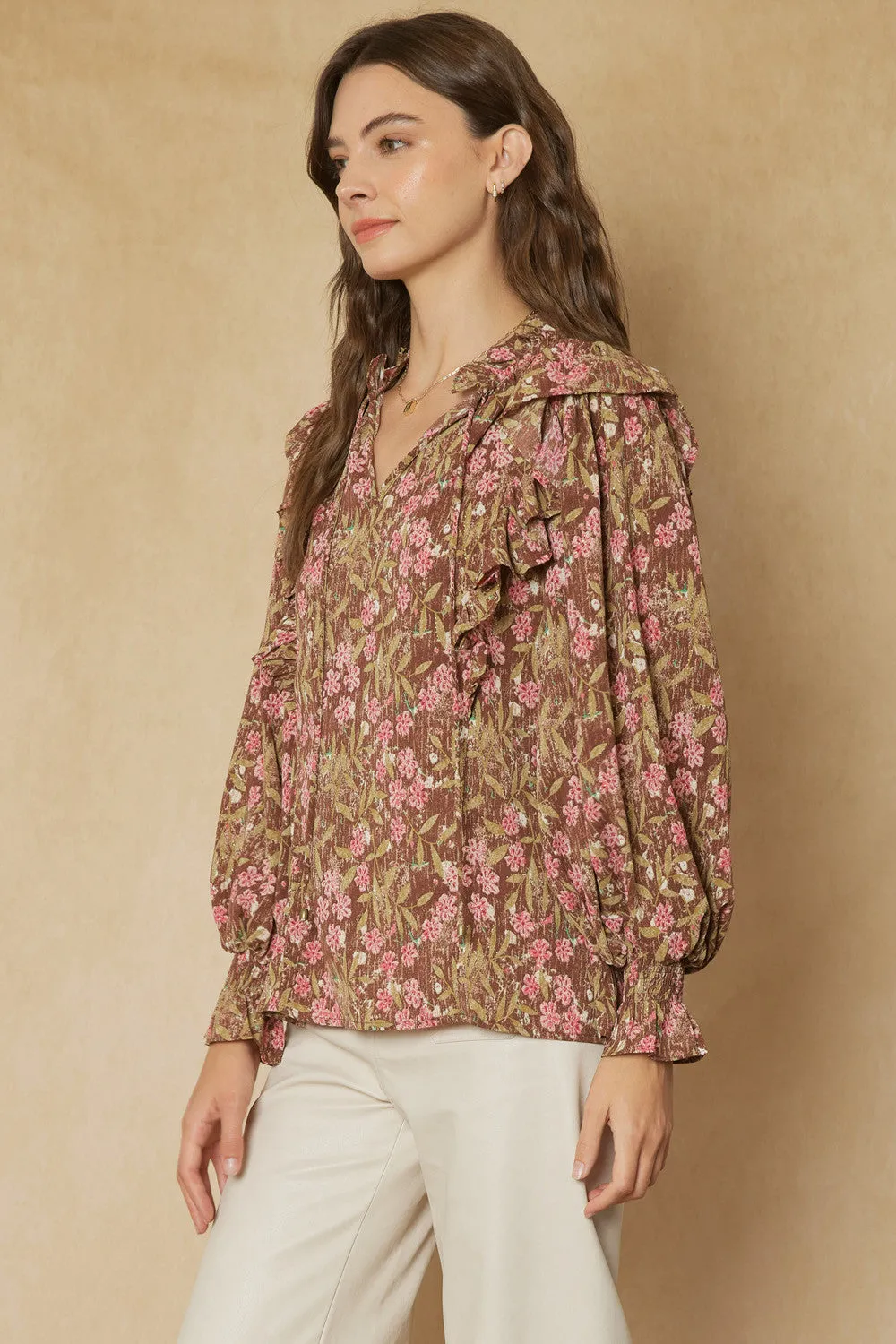 Floral print v-neck long sleeve top
