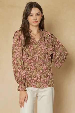 Floral print v-neck long sleeve top