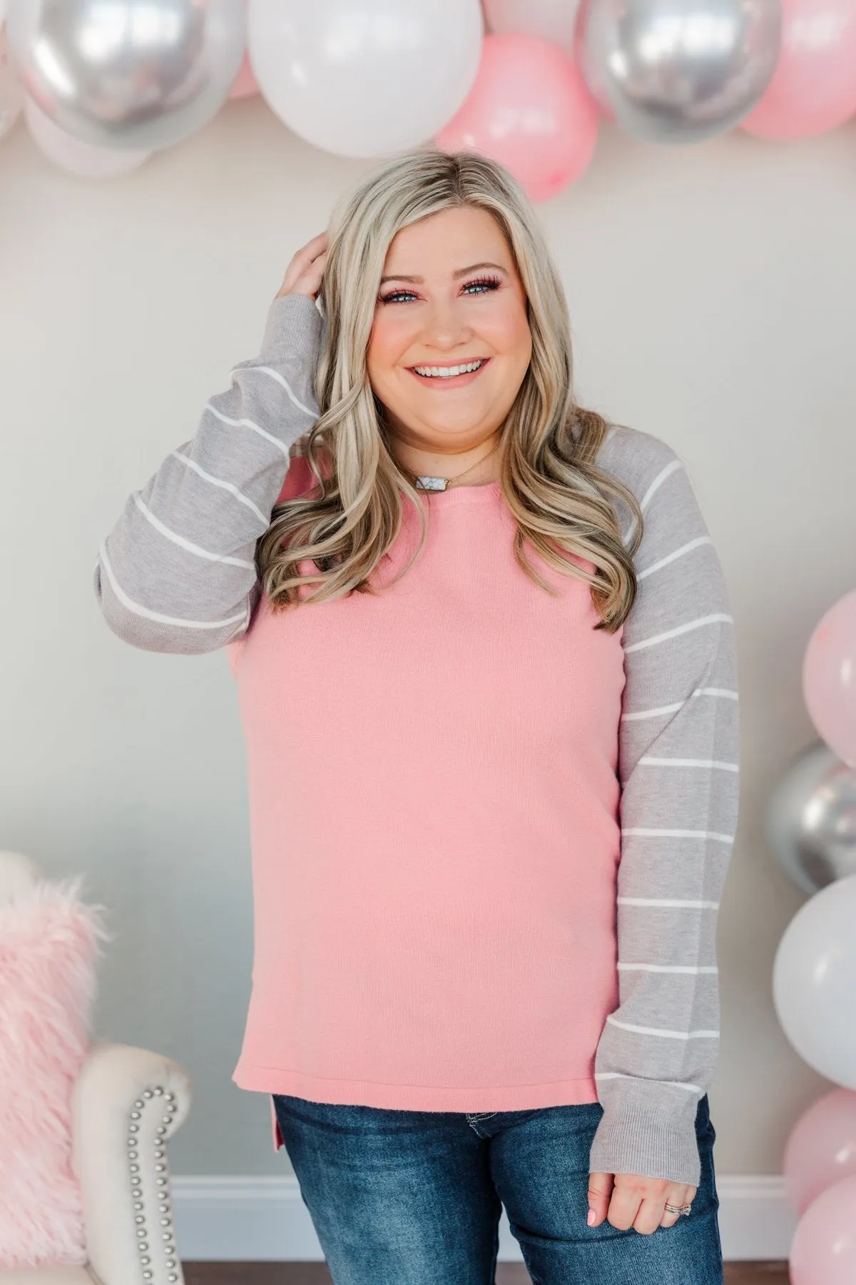 Forever In Love Long Sleeve Top- Pink & Grey