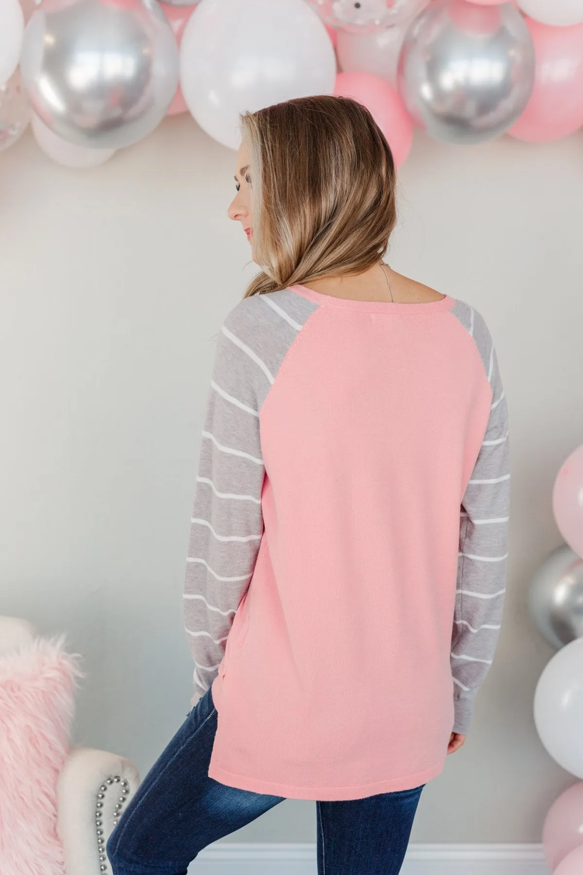 Forever In Love Long Sleeve Top- Pink & Grey