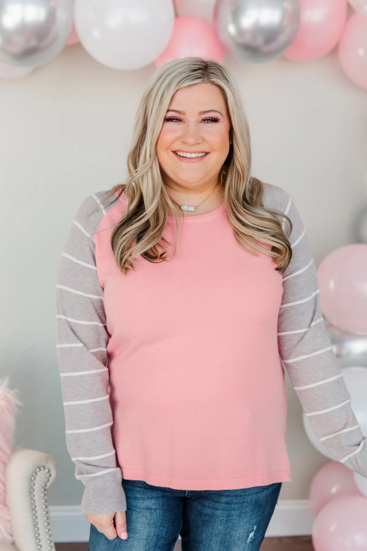 Forever In Love Long Sleeve Top- Pink & Grey