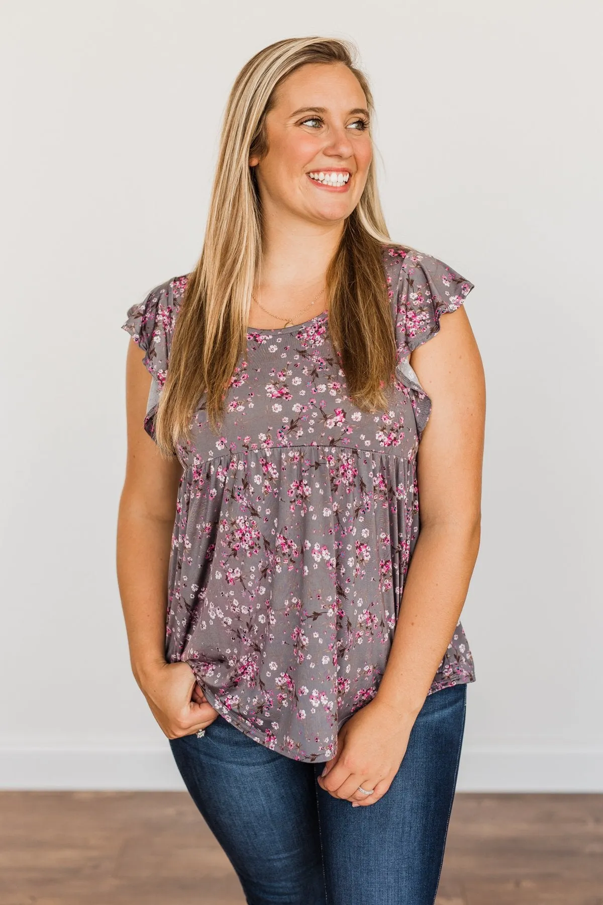 Gardens Of Flowers Floral Top- Grey & Pink