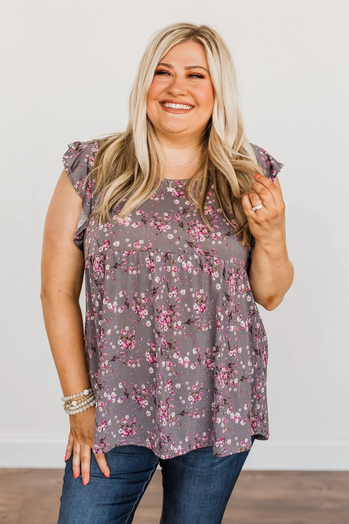 Gardens Of Flowers Floral Top- Grey & Pink