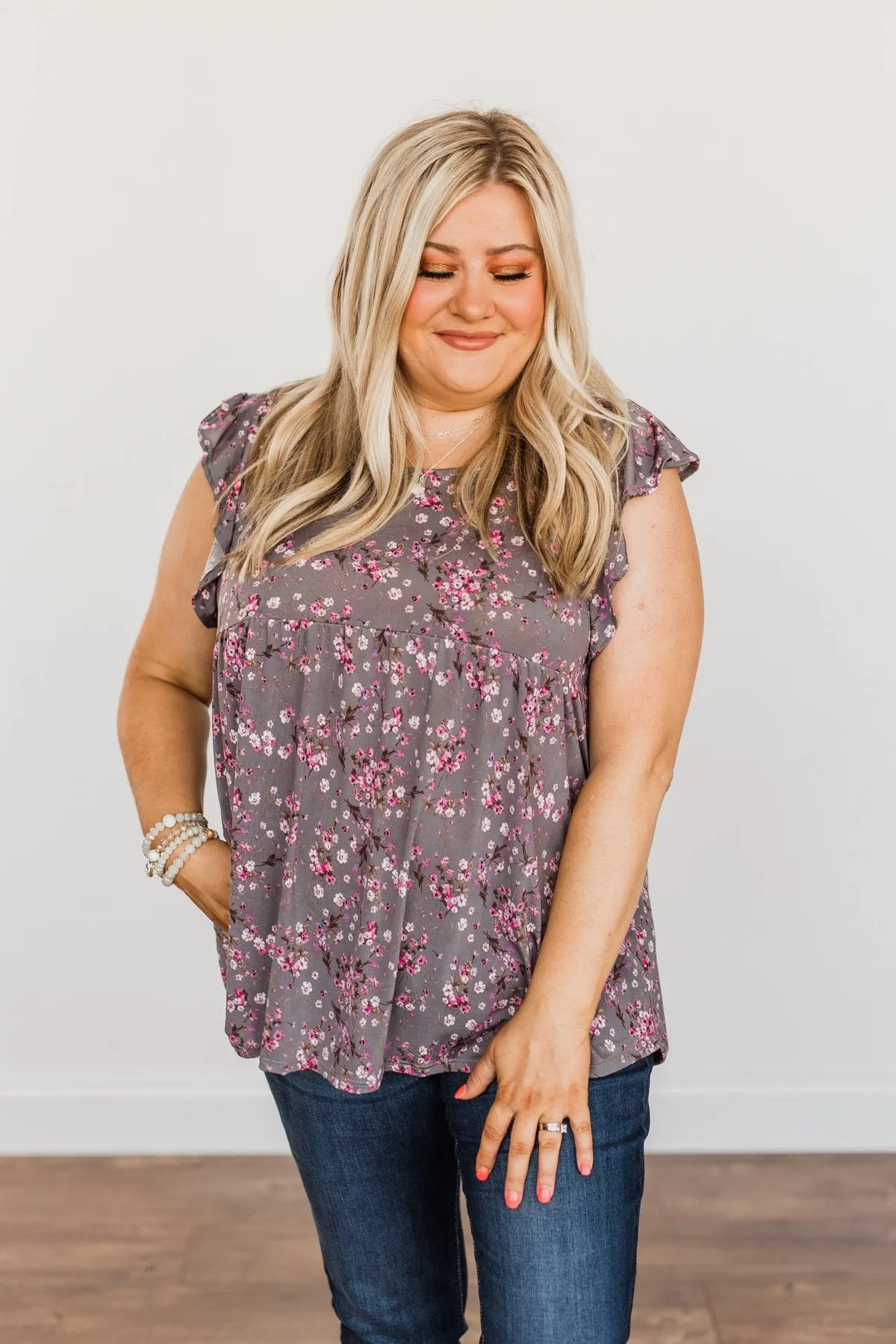 Gardens Of Flowers Floral Top- Grey & Pink