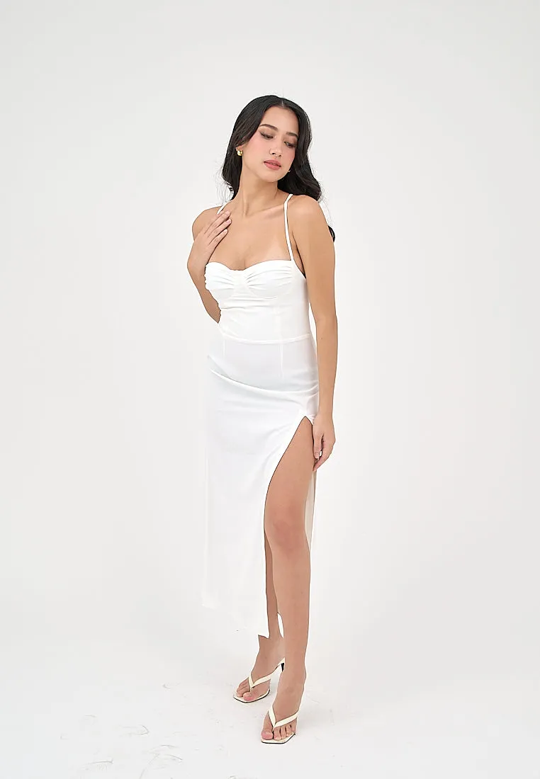 Generys Milky White Bustier with High slit Midi Dress