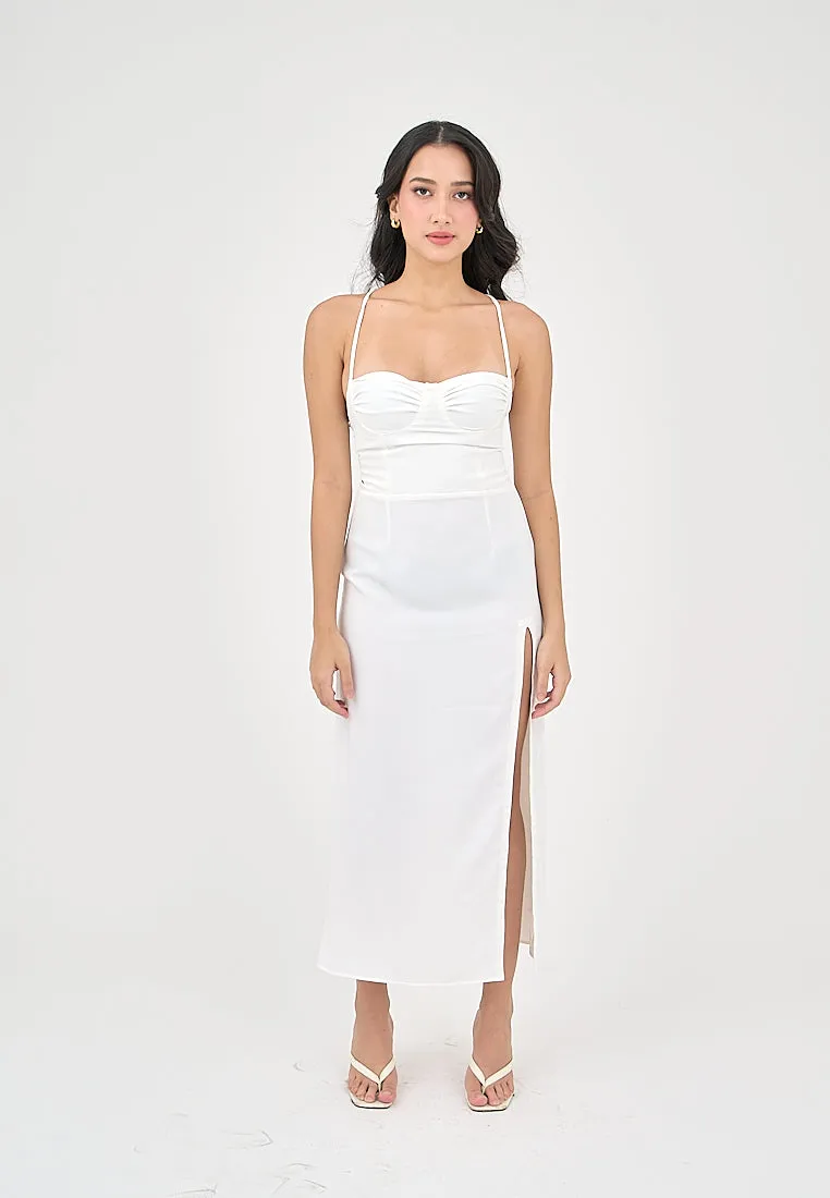 Generys Milky White Bustier with High slit Midi Dress
