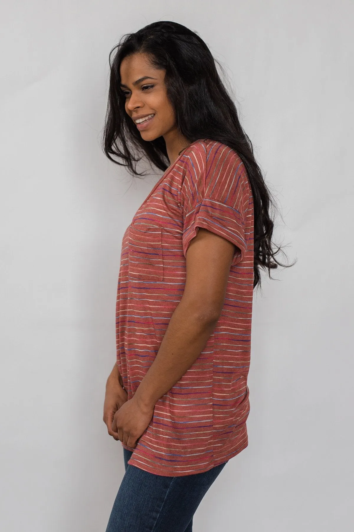 Get The Party Started Striped Pocket Tee - Brick
