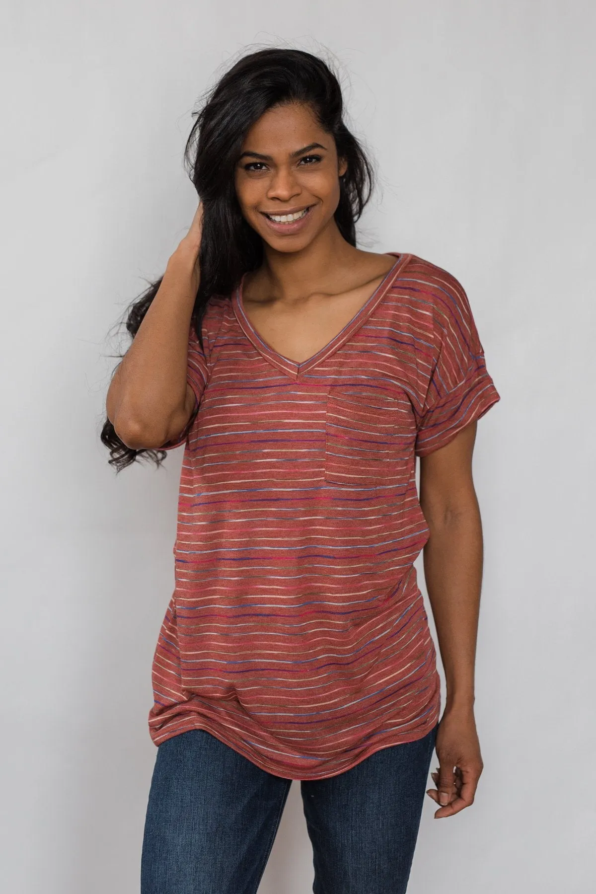 Get The Party Started Striped Pocket Tee - Brick