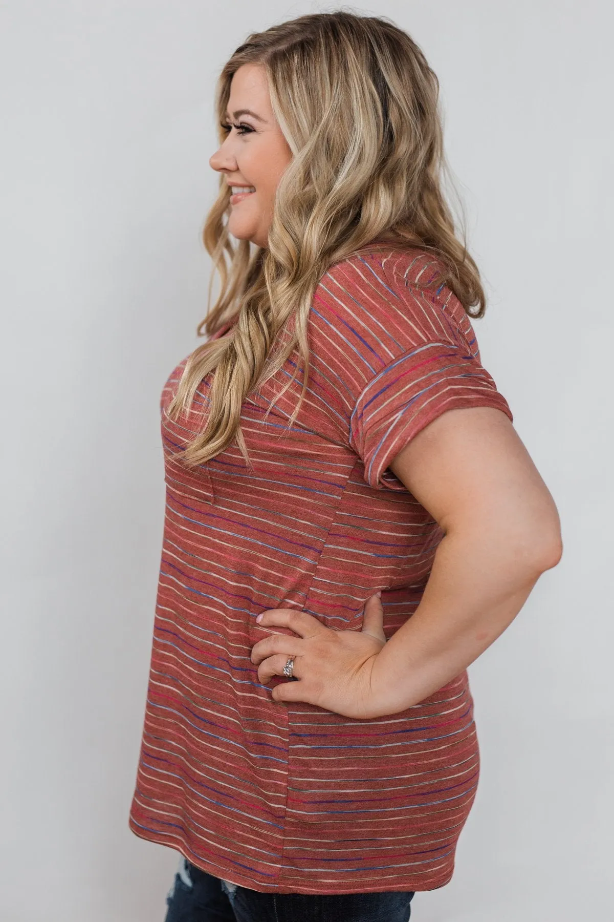 Get The Party Started Striped Pocket Tee - Brick