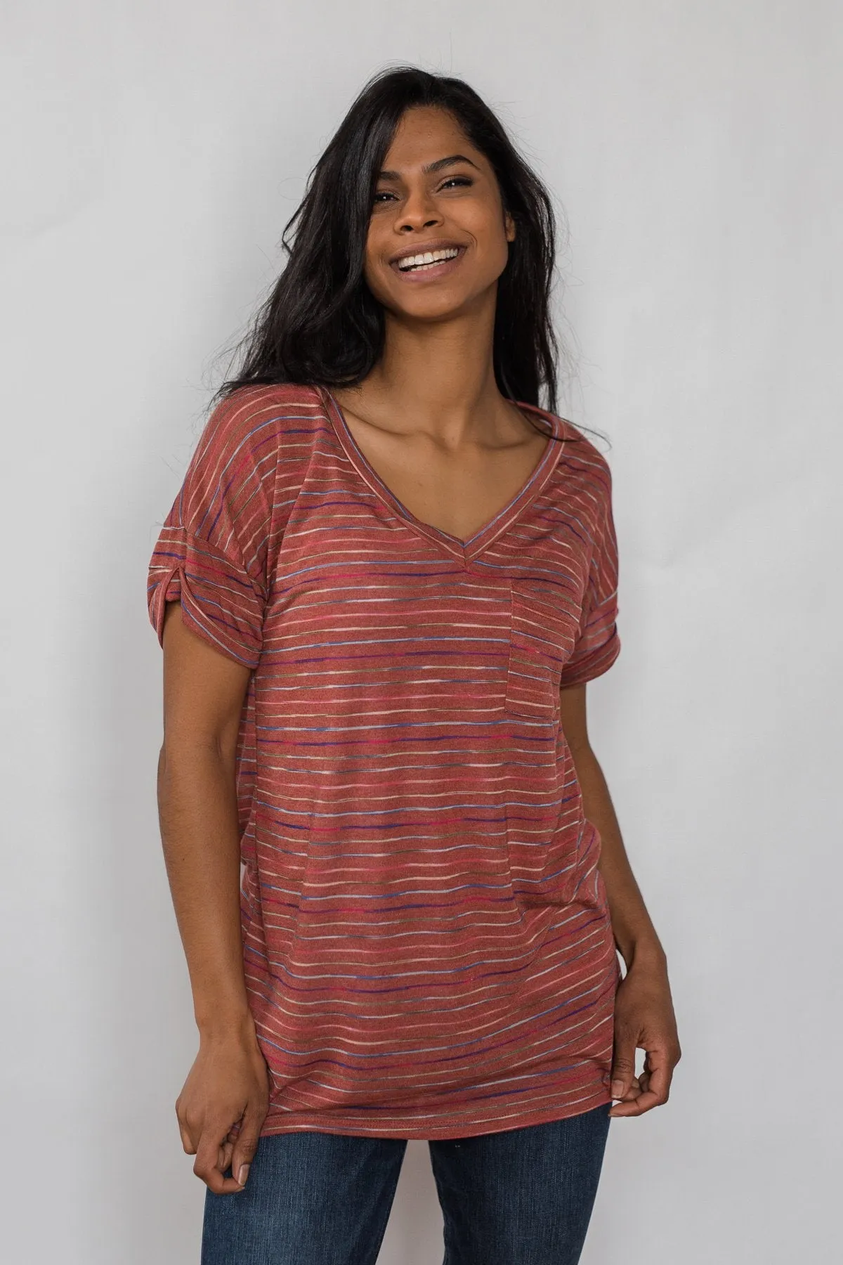 Get The Party Started Striped Pocket Tee - Brick