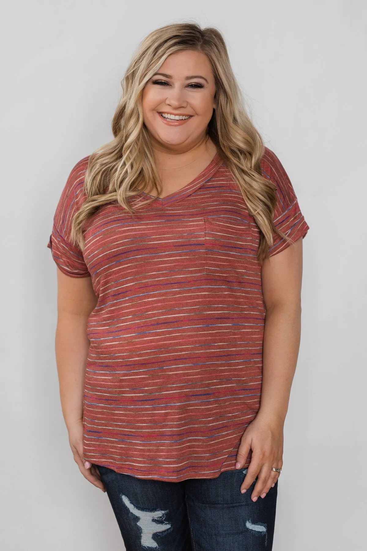 Get The Party Started Striped Pocket Tee - Brick