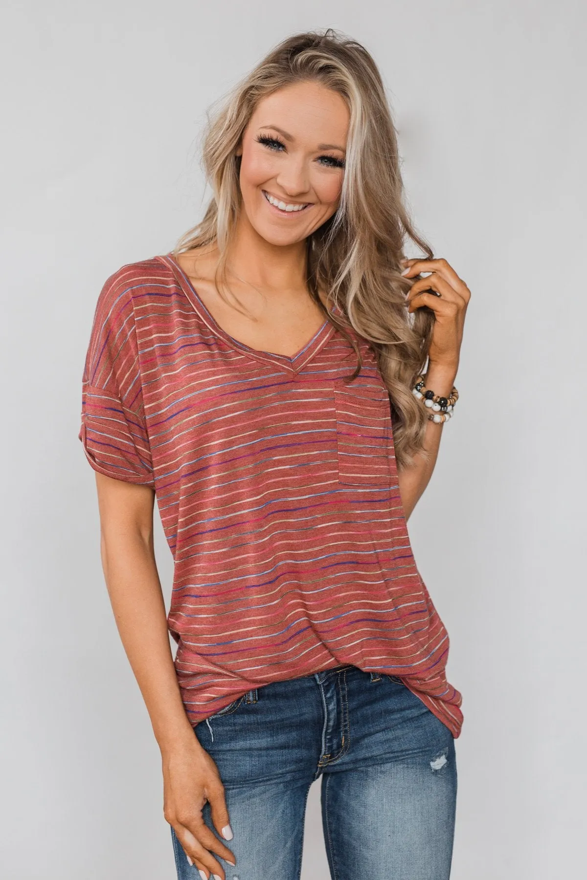 Get The Party Started Striped Pocket Tee - Brick