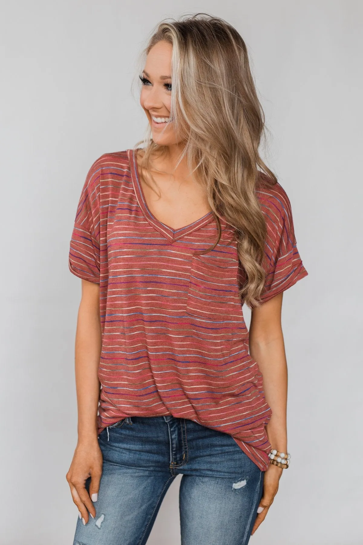 Get The Party Started Striped Pocket Tee - Brick