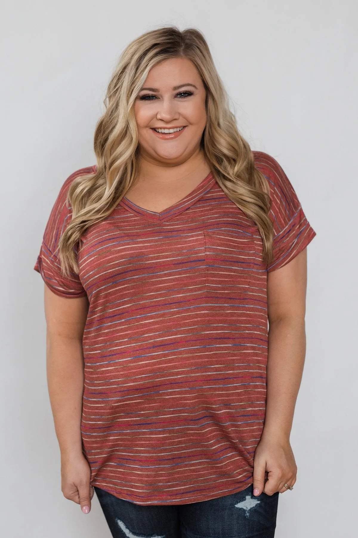 Get The Party Started Striped Pocket Tee - Brick
