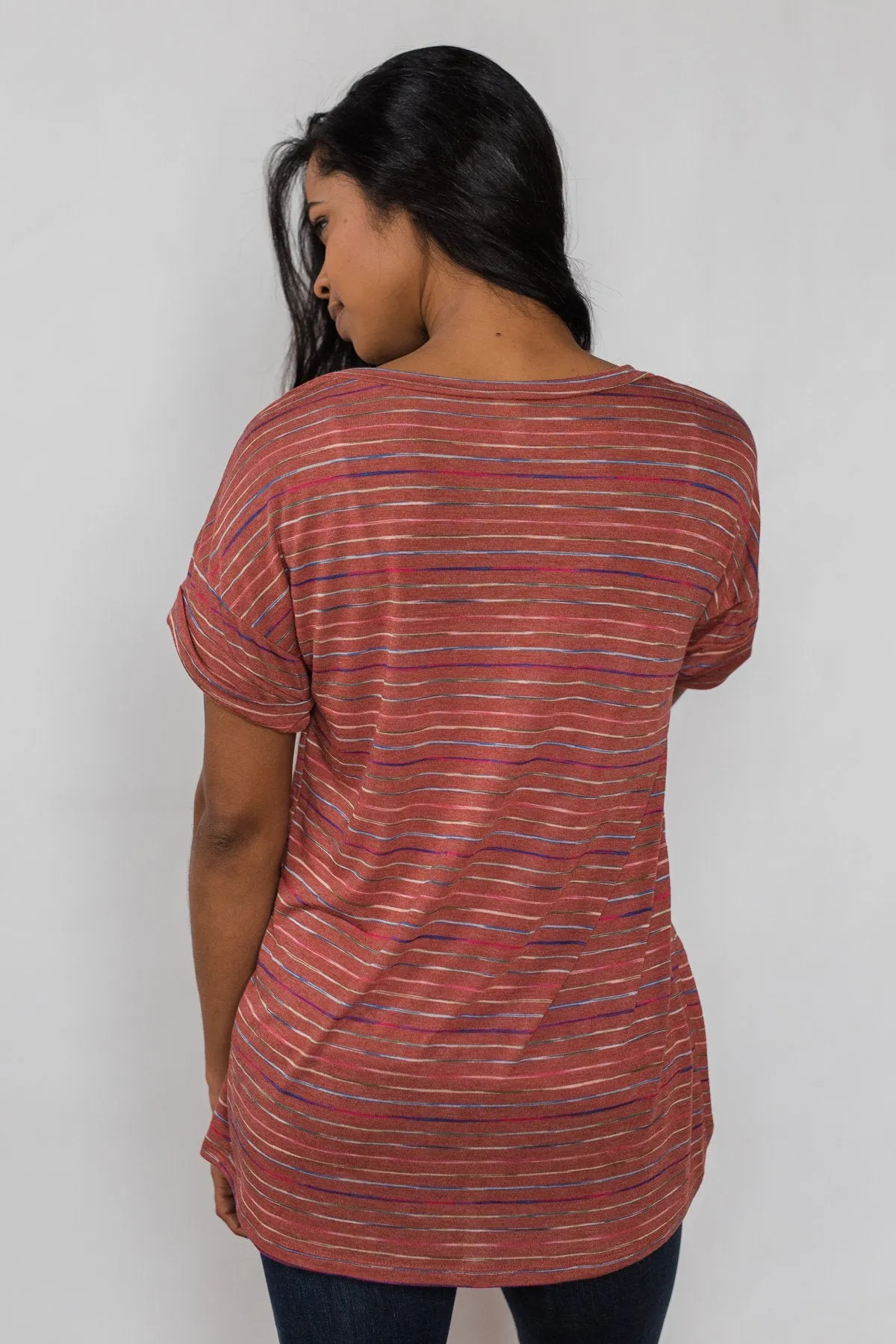 Get The Party Started Striped Pocket Tee - Brick