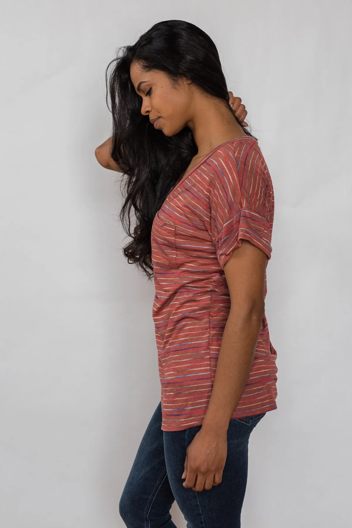 Get The Party Started Striped Pocket Tee - Brick