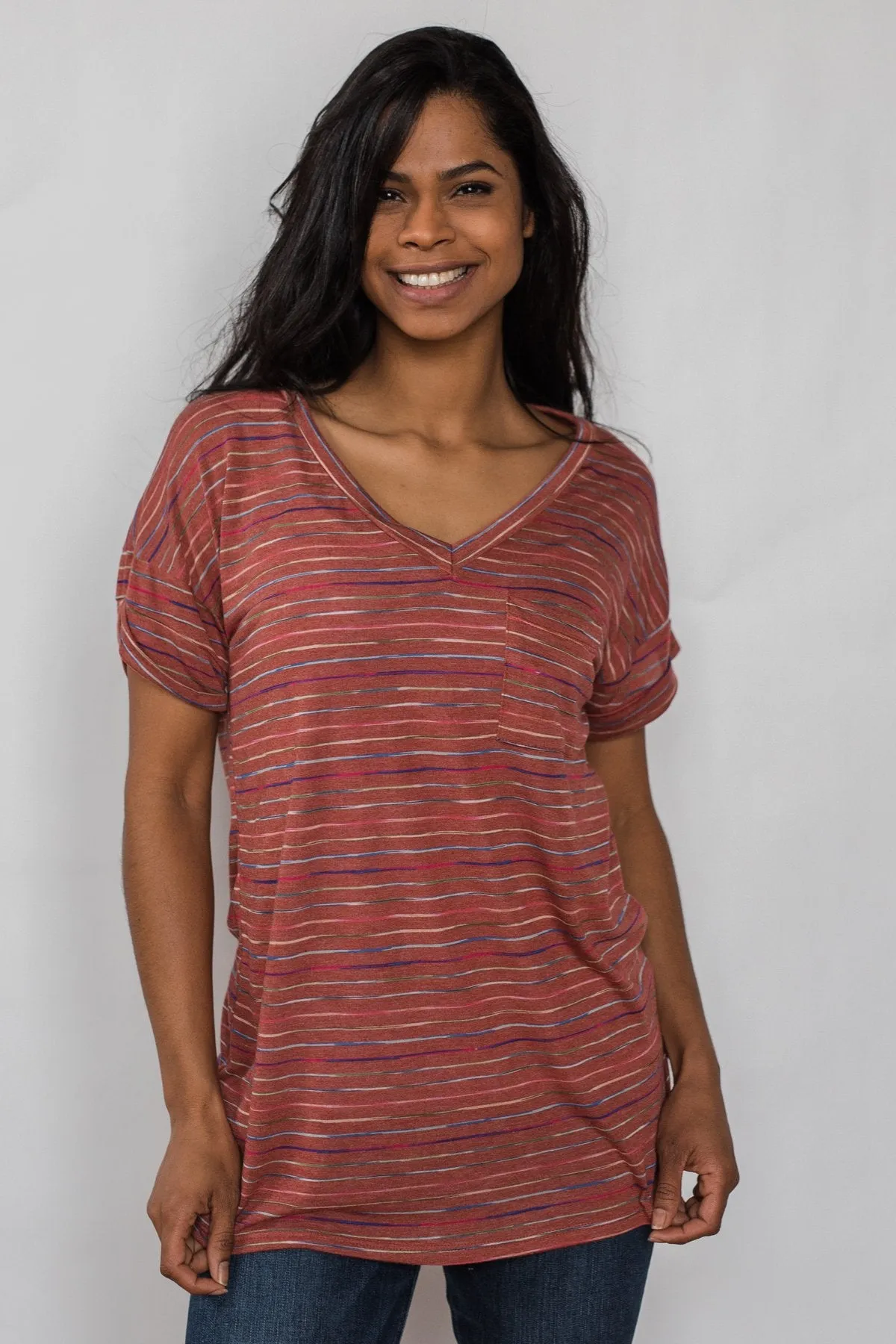 Get The Party Started Striped Pocket Tee - Brick