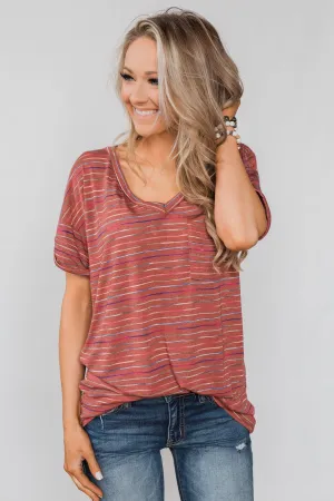 Get The Party Started Striped Pocket Tee - Brick