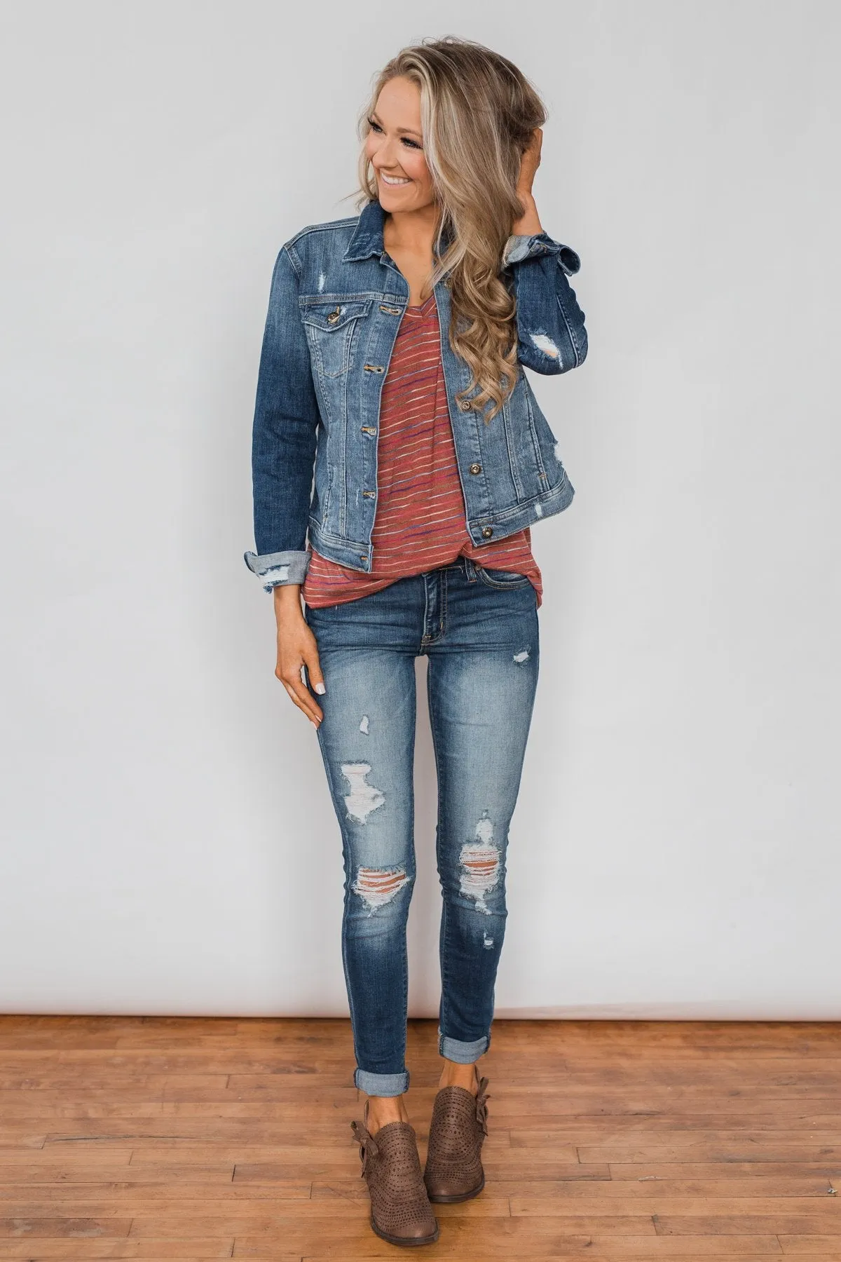 Get The Party Started Striped Pocket Tee - Brick