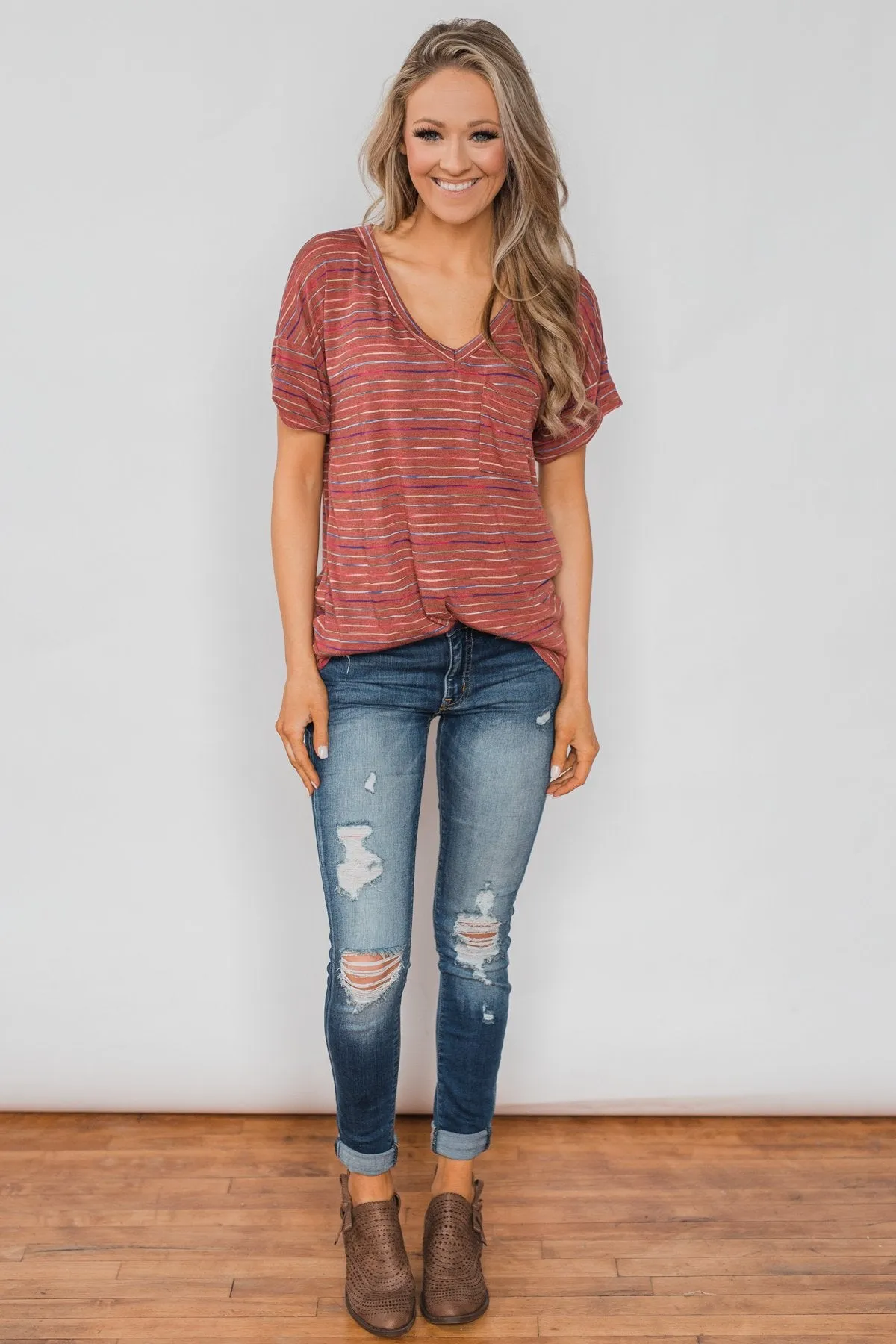 Get The Party Started Striped Pocket Tee - Brick