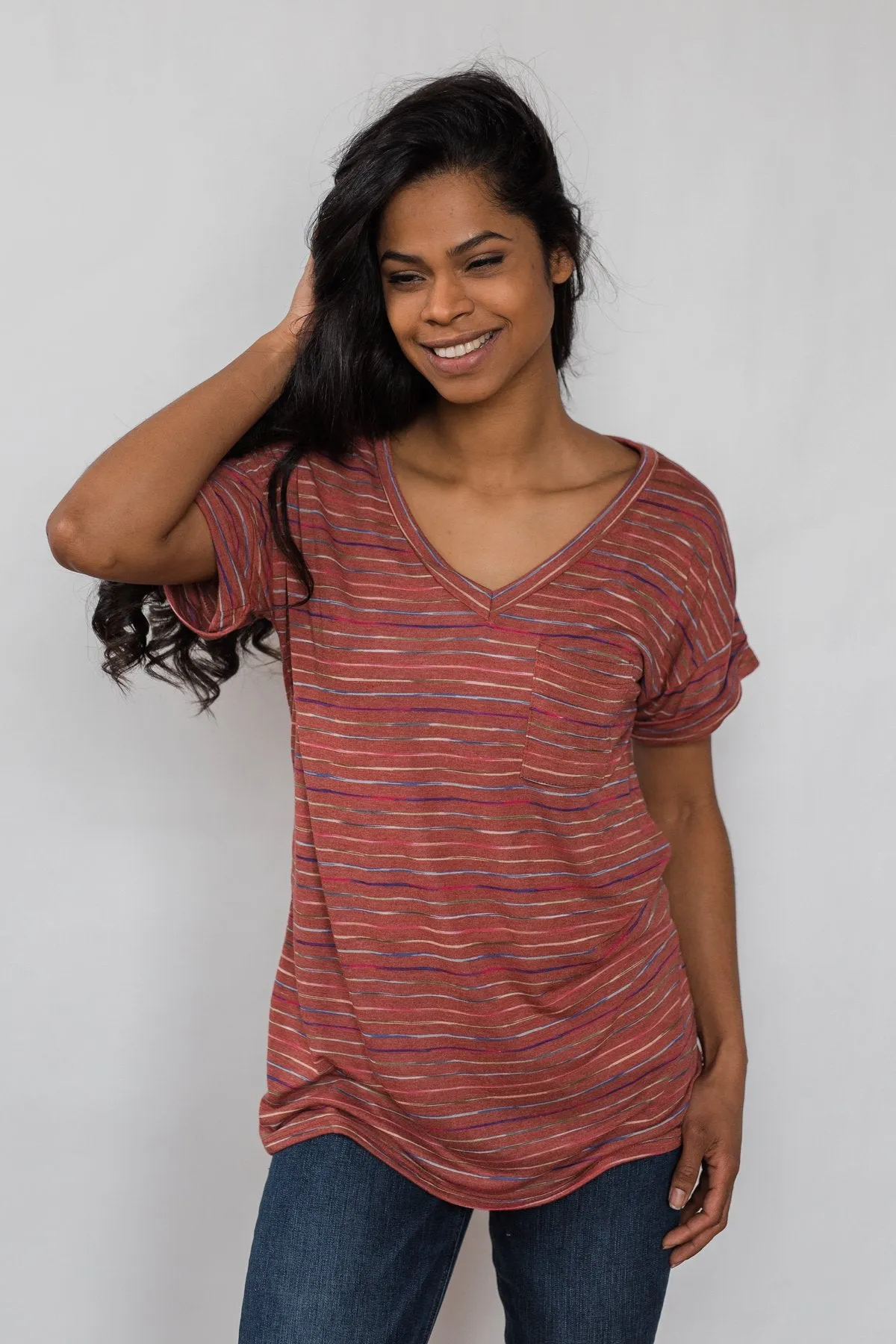 Get The Party Started Striped Pocket Tee - Brick