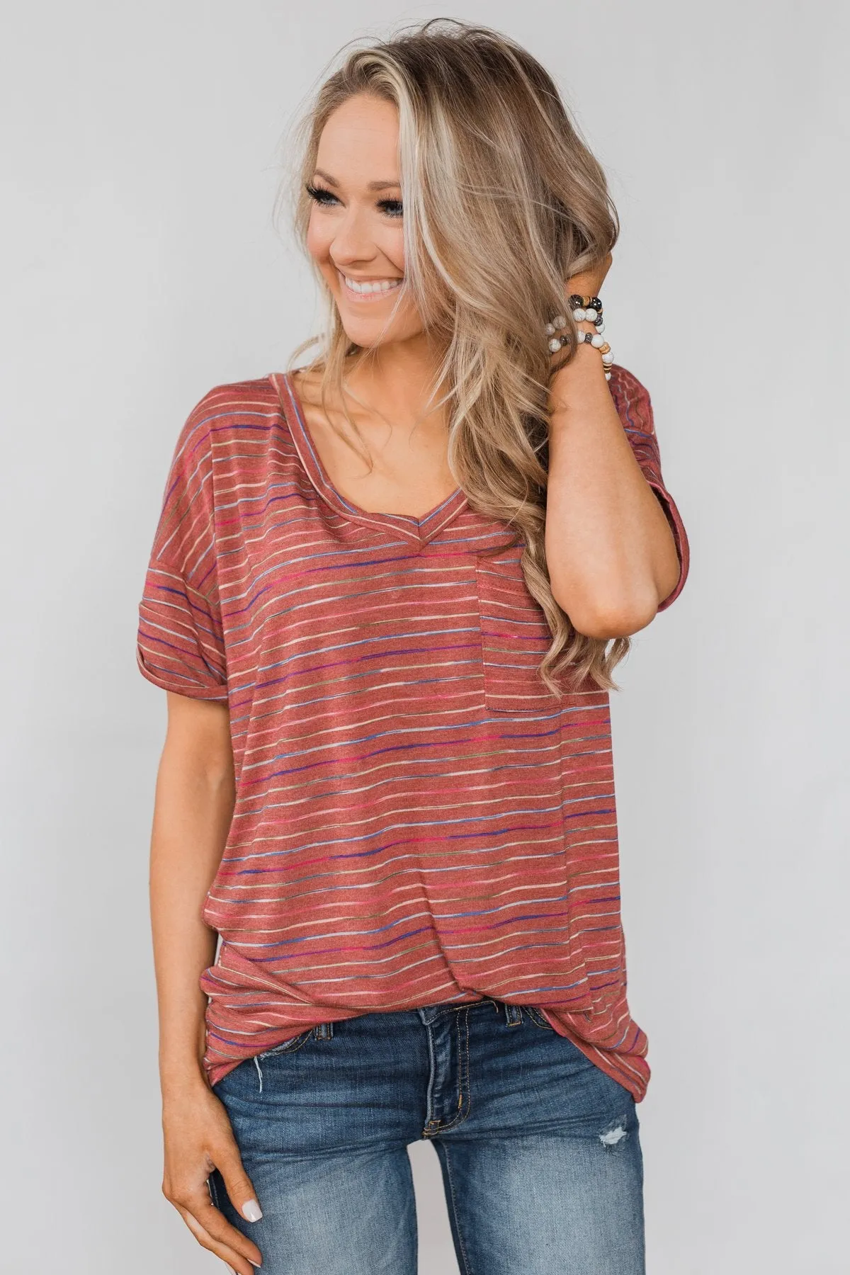 Get The Party Started Striped Pocket Tee - Brick