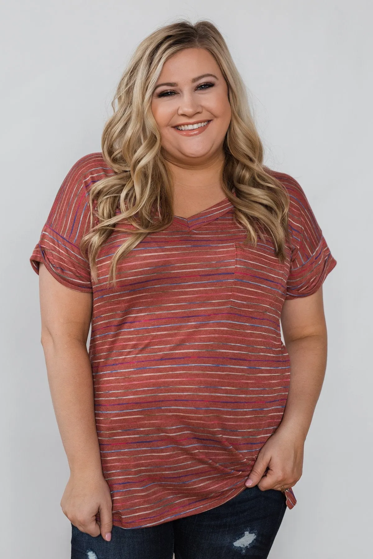 Get The Party Started Striped Pocket Tee - Brick