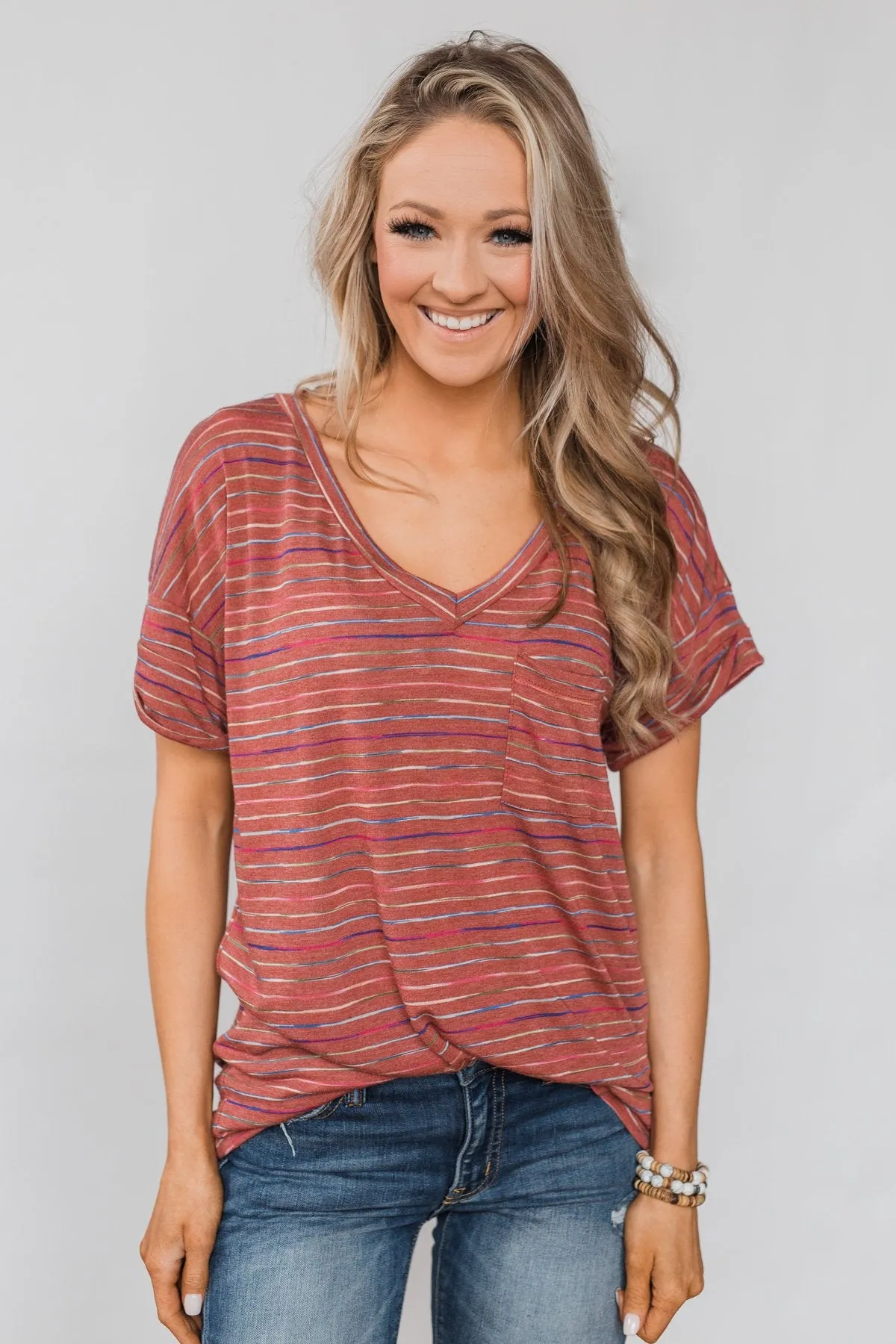 Get The Party Started Striped Pocket Tee - Brick