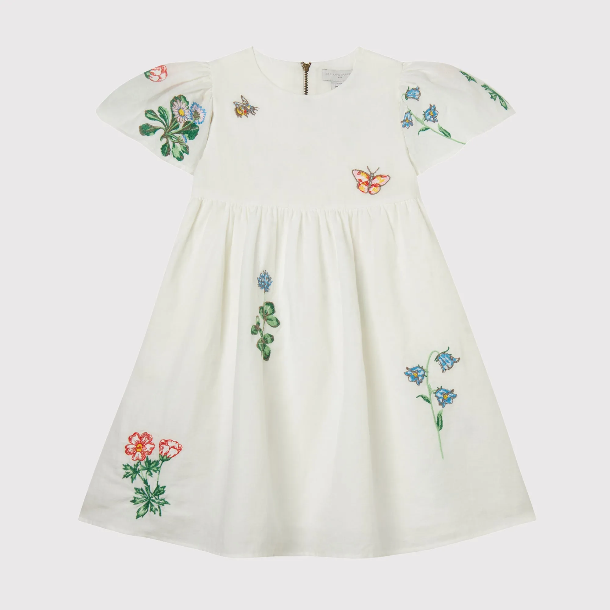 GIRL SS COTTON LINEN DRESS WITH FLOWERS EMBRO