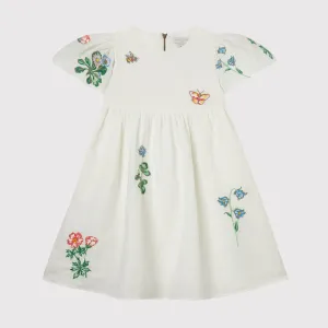 GIRL SS COTTON LINEN DRESS WITH FLOWERS EMBRO