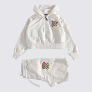 GIRL ZIP UP HOODED SWEATSUIT W BEAR HEART PRINT