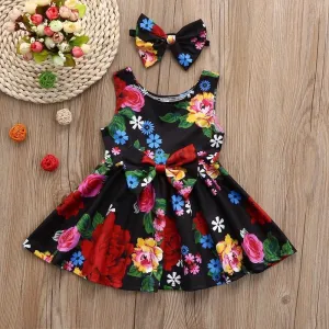 Girls Black Dress with Rose Print