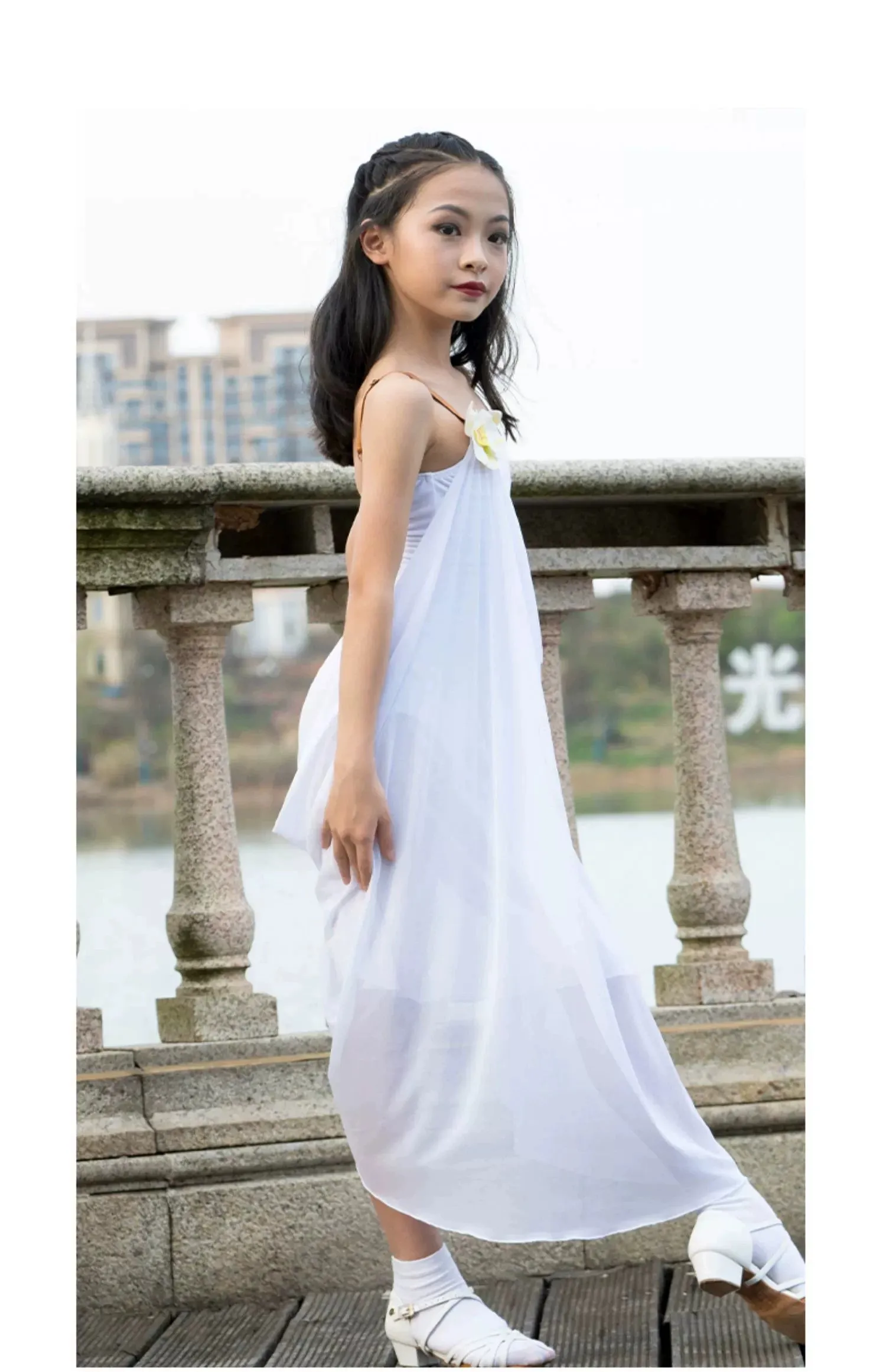 Girls kids white flowy latin dance dresses salsa rumba chacha stage performance costumes for children solo dance flower suit
