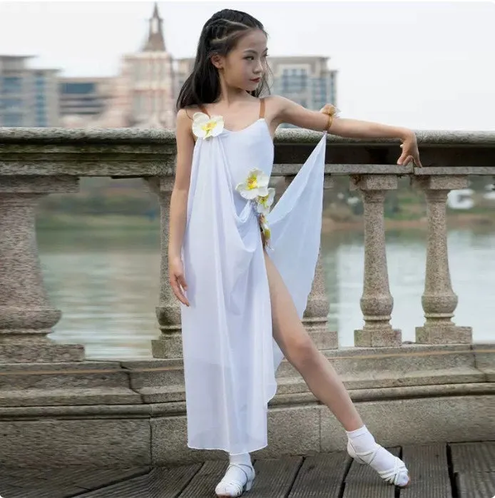 Girls kids white flowy latin dance dresses salsa rumba chacha stage performance costumes for children solo dance flower suit