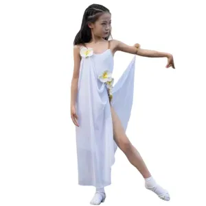Girls kids white flowy latin dance dresses salsa rumba chacha stage performance costumes for children solo dance flower suit