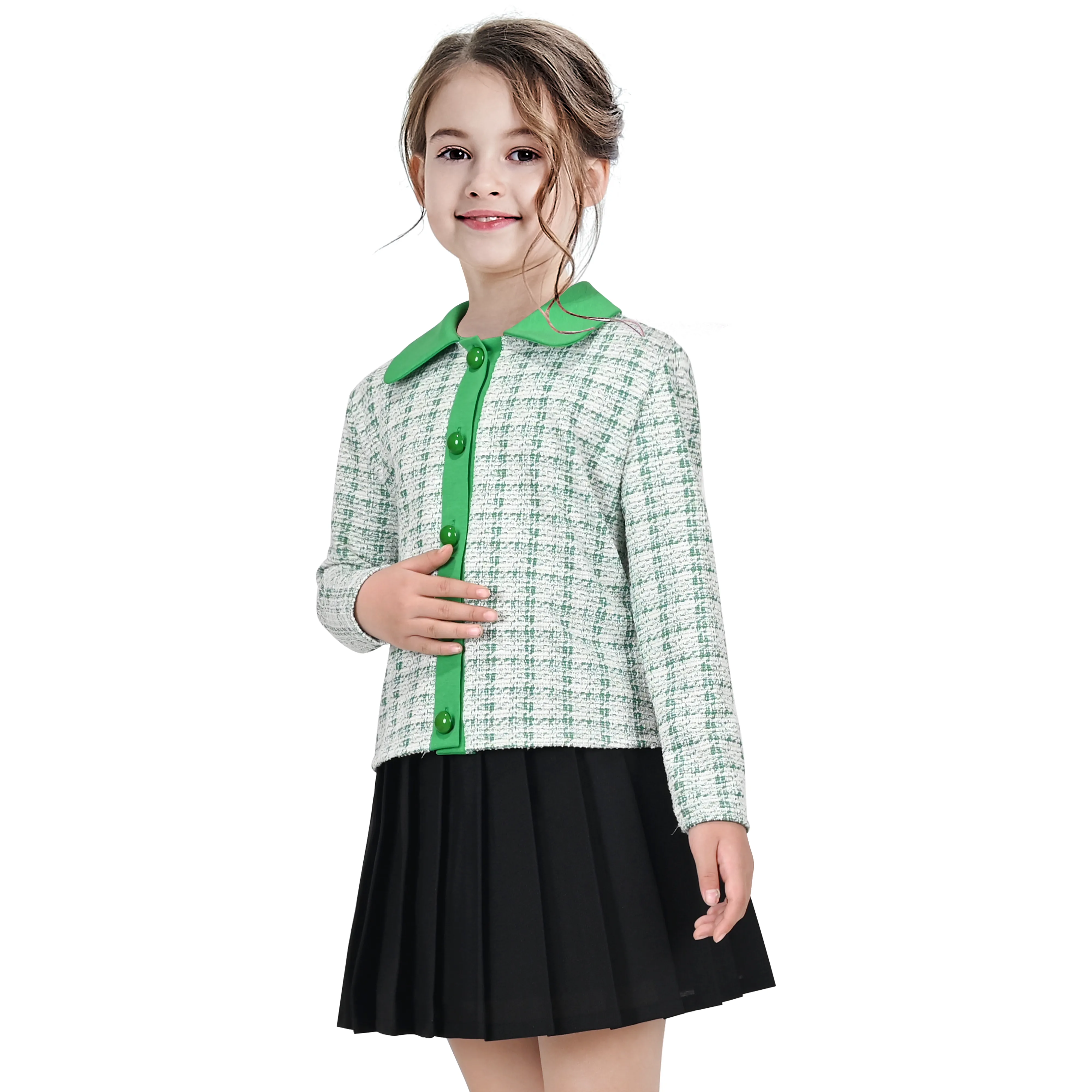 Girls Outfit Set 2 Piece Plaid Knit Cardigan Pleated Skirt Size 6-10 Years