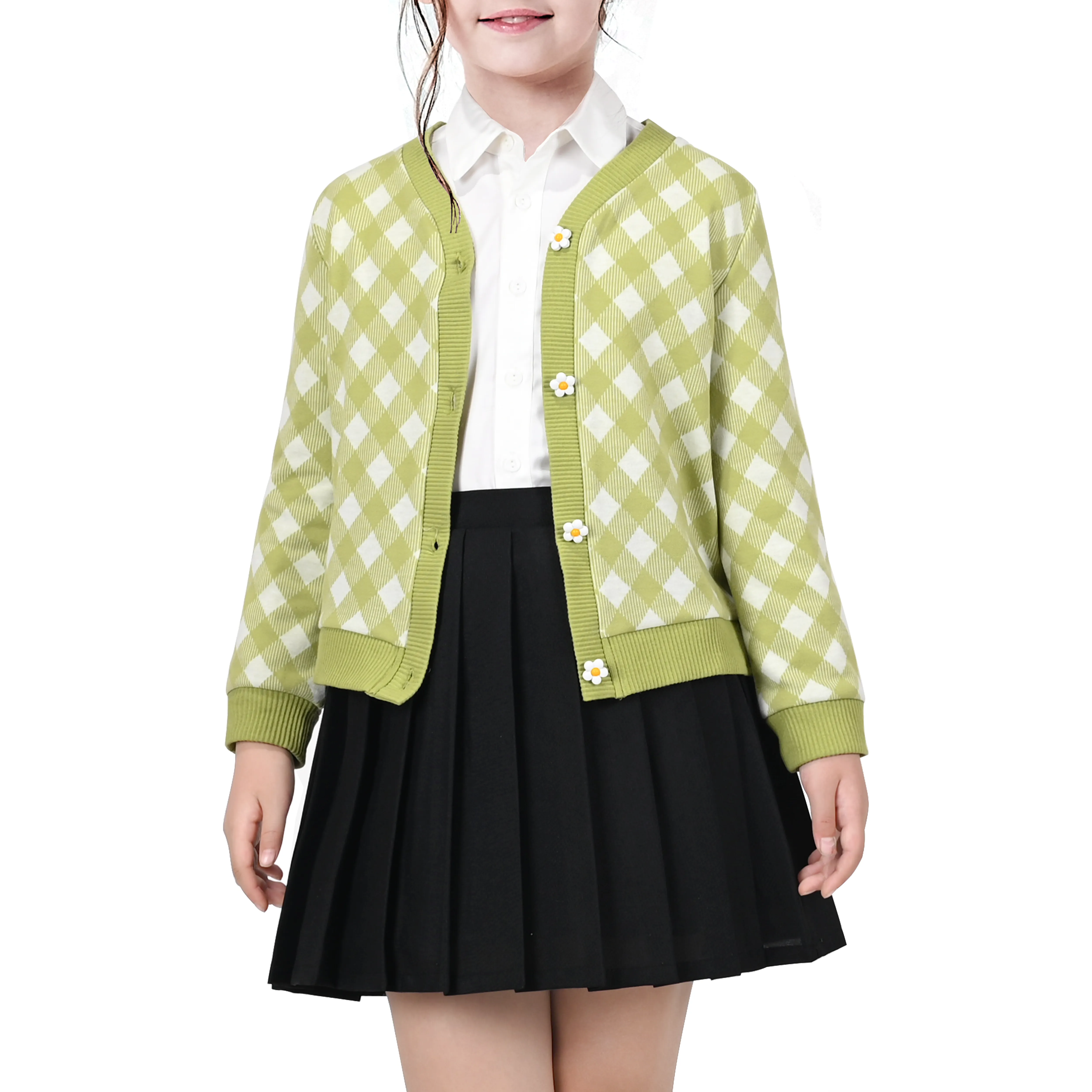 Girls Outfit Set 2 Piece Plaid Knit Cardigan Pleated Skirt Size 6-10 Years