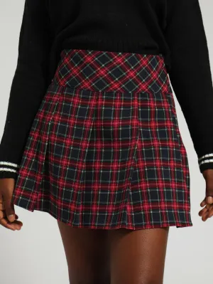 Girls Pleated Check Skirt - White/Red