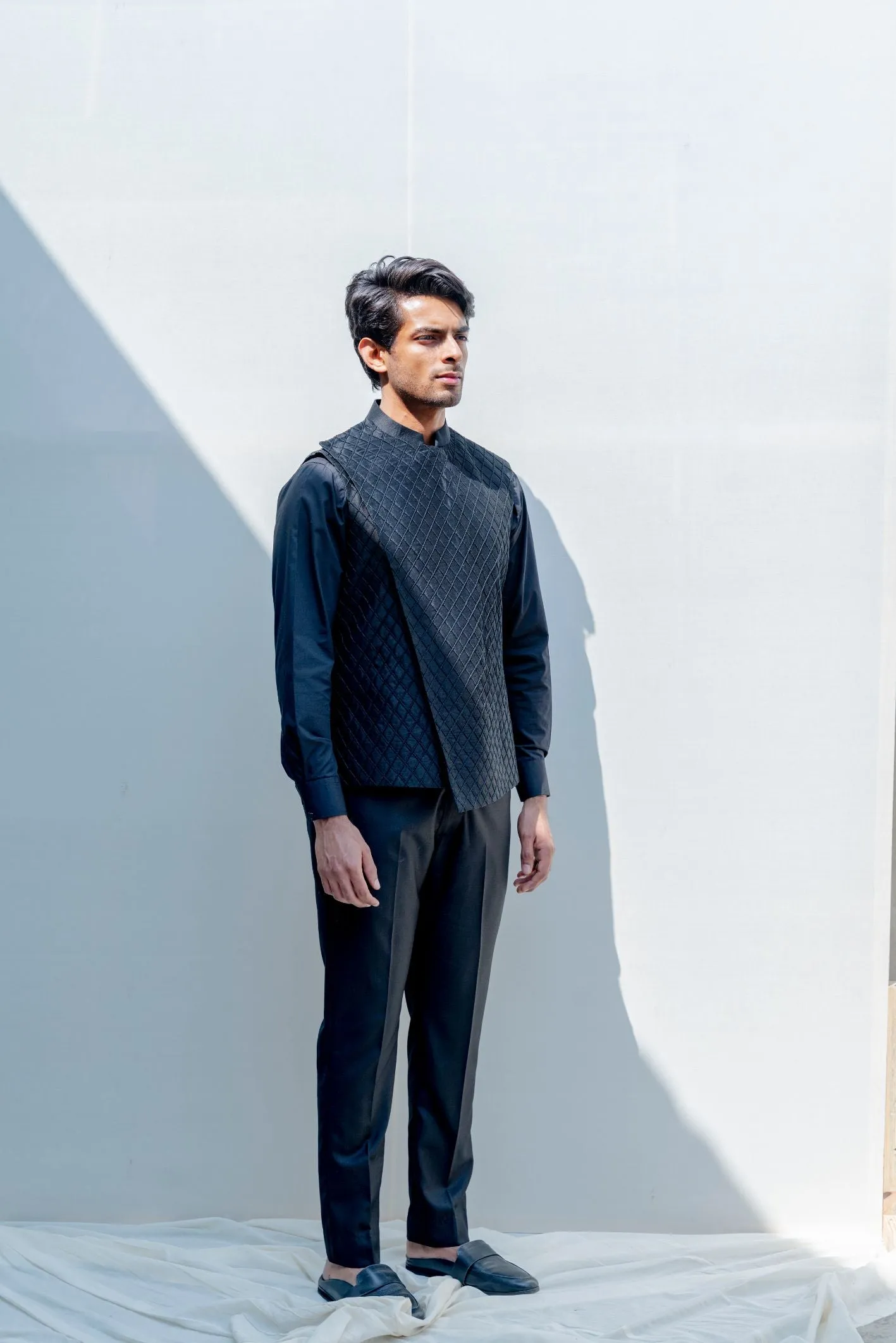 Gitano- Black Overlapped Cross Embroidered Jacket With Kurta Set