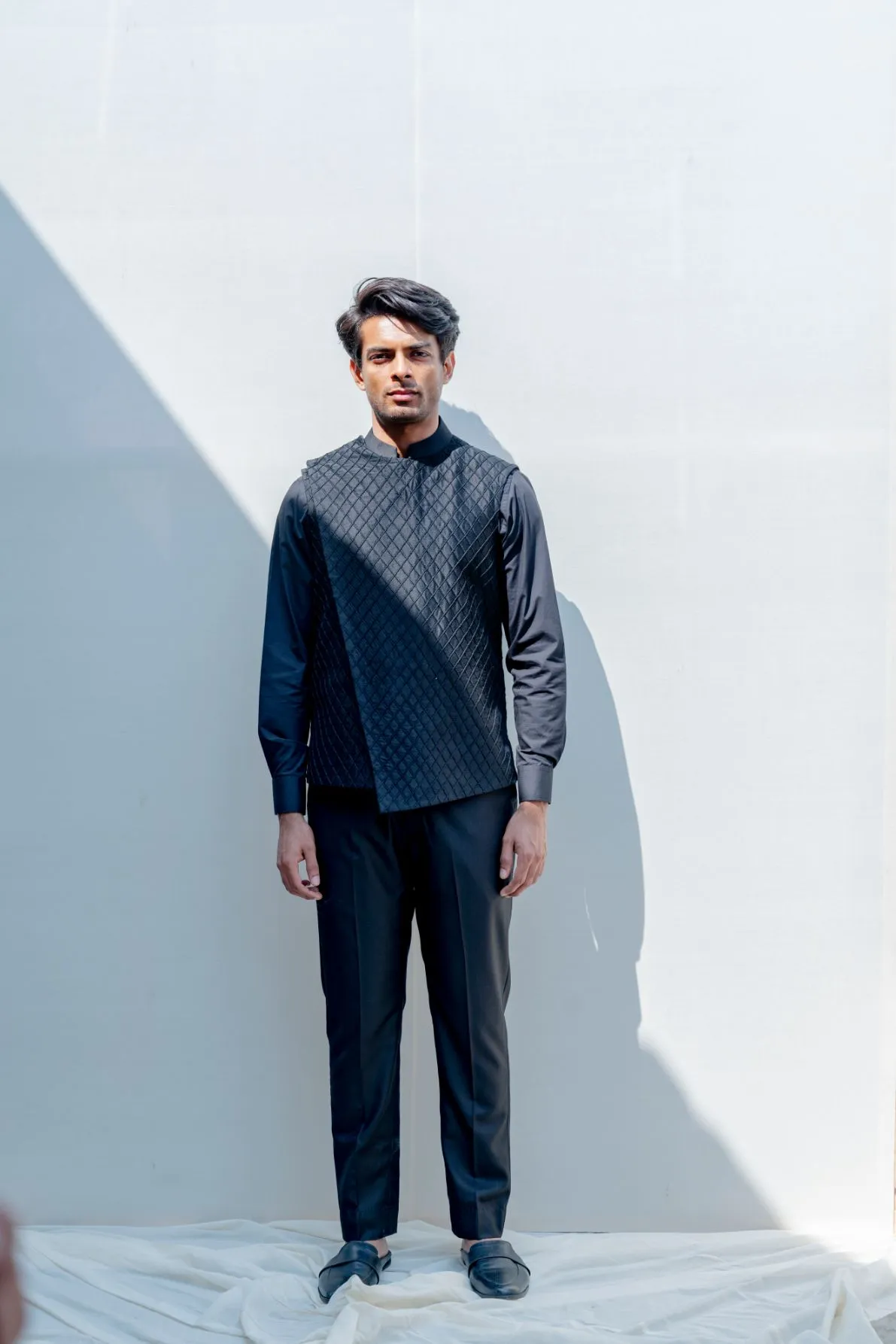 Gitano- Black Overlapped Cross Embroidered Jacket With Kurta Set