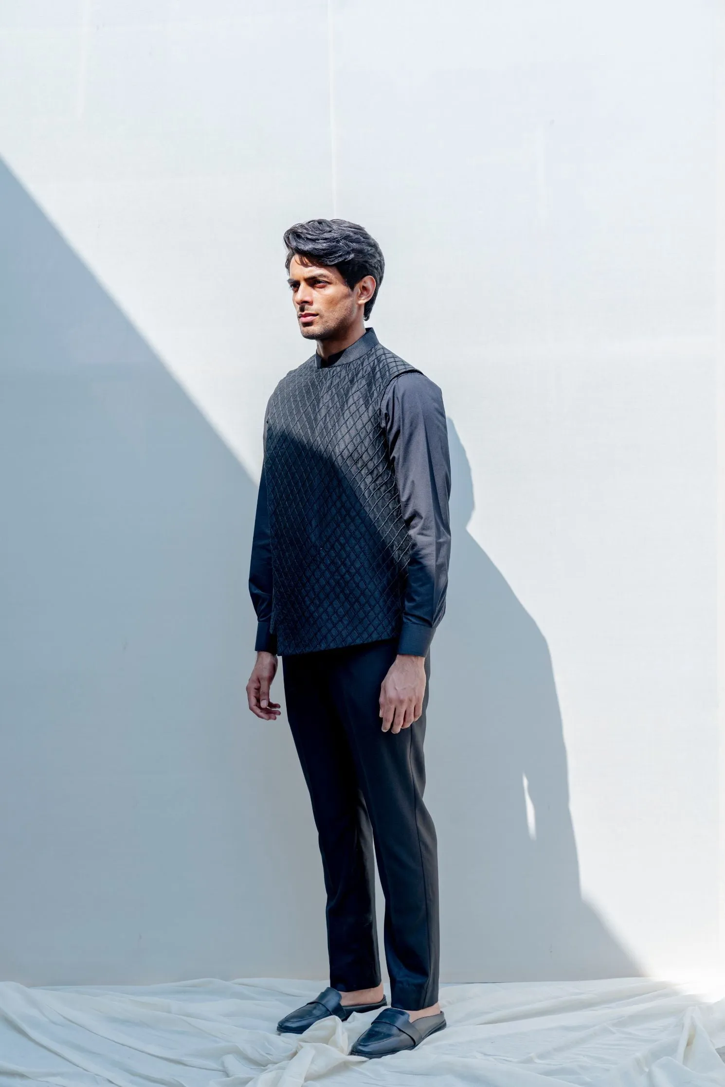Gitano- Black Overlapped Cross Embroidered Jacket With Kurta Set