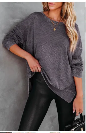 Gray Waffle Knit Side Slit Top