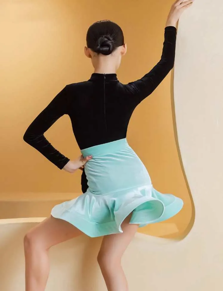 Green Black Velvet Latin Dance Dresses for Kids Girls Salsa Ballroom Latin Chacha  Art Test Performance Clothes for Children