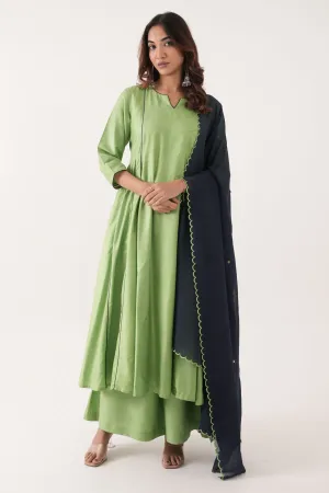 Green Silk Piping Anarkali Set