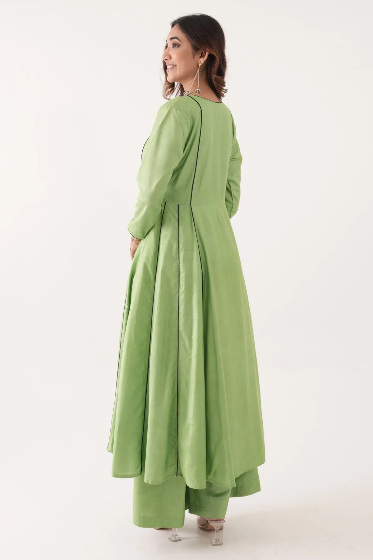 Green Silk Piping Anarkali Set